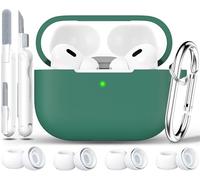 Étui RFUNGUANGO Compatible avec Les AirPods Pro 2e génération (2023/2022/2019), Coque de Protection en Silicone Souple (câble USB-C/Lightning) avec kit de Nettoyage et Embouts Auriculaires,Vert pin