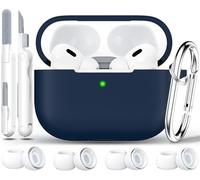 Étui RFUNGUANGO Compatible avec Les AirPods Pro 2e génération (2023/2022/2019), Coque de Protection en Silicone Souple (câble USB-C/Lightning) avec kit de Nettoyage et Embouts Auriculaires,Bleu Nuit