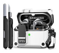 Étui RFUNGUANGO Compatible avec Samsung Galaxy Buds 3 et Galaxy Buds 3 Pro, résistant aux Chutes de qualité Militaire, Verrouillage, Aspiration magnétique arrière, kit de Nettoyage Inclus - Blanc