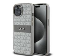 Étui rigide DKNY en cuir beige à rayures pour iPhone 15