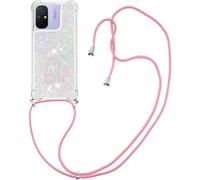 Étui Silicone Paillettes Liquide Ultra-Mince Pour Xiaomi Redmi 12c/11a Avec Cordon Tour De Cou Réglable - Rose Argenté