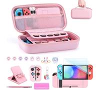 Étui Transport Nintendo Switch Accessoires pour Nintendo Switch 18 en 1 avec Protection d'Ecran,Support,Poignées de Pouce Rose