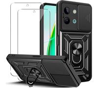 Étui Vivo Y28 4g ¿ Coque Hybride Silicone/Pc Antichoc Niveau Militaire Avec Cache Coulissant Pour Appareil Photo, Anneau Support Rotatif + 2 Verres Trempés Inclus ¿ Noir