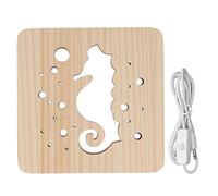 ETYUDPABV Lampe de nuit à LED 3D en bois, motif hippocampe creux, alimentée par USB, lumière nocturne LED en bois de pin chaud de 2 W, avec interrupteur à un bouton, pour chambre,