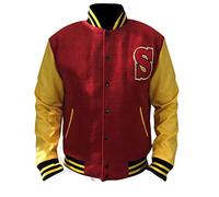 EU Fashions American Baseball Letterman College Blouson bomber, Rouge avec jaune - Laine avec manches synthétiques, S