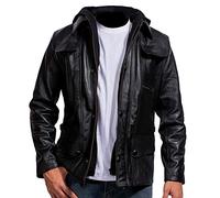 EU Fashions Blouson en Cuir avec Capuche Amovible 100% Peau d'agneau ciré à la Main - Noir - Large