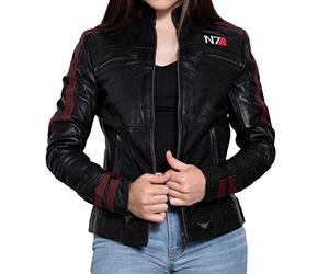 EU Fashions Commander Shepard Street Fighter Mass Effect N7 Veste en cuir pour femme Noir, Black Mass Effect Veste en cuir véritable pour femme, XXL