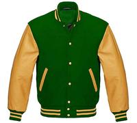 EU Fashions Veste bomber Letterman pour homme, Vert avec jaune ? Laine avec manches synthétiques
