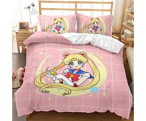 EU-VV Parure De Lit Sailor Moon Rose Housse De Couette 140 X 200 Cm Parure De Lit 3 Pièces Housses De Couette Microfibre avec Zip Et 2 Taies d'oreiller 80 X 80 Cm (Double(200x200cm),Modèle 04)