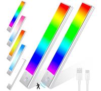 Euakee 2 Pièces 23CM RGB IC LED Lightbar Sans fil avec Détecteur de Mouvement, Éclairage de l'armoire Dimmable, Barre lumineuse Rechargeable USB Veilleuse pour chambre à coucher Salle de jeux