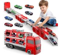 Euakee Jouets de Camion Porteur pour Tout-Petit, Jouets de Voiture de Camion de Transport Moulés sous Pression, Piste de Course Longue, Cadeau de Jouet de Camion pour 3 4 5 6 Ans (Rouge)