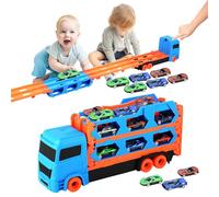 Euakee Jouets de Camion Porteur pour Tout-Petit, Jouets de Voiture de Camion de Transport Moulés sous Pression, Piste de Course Longue, Cadeau de Jouet de Camion pour 3 4 5 6 Ans (Bleu)