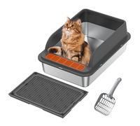 Euakee Litiere Acier Inoxydable, 50 x 35 x 25 cm Bac Litiere pour Chat, Semi-fermé avec Rebord Amovible Tapis de Litière pour Un Nettoyage Facile Design Anti-éclaboussures Durable Facile à Entretenir