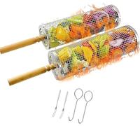 Euakee Lot de 2 Ensemble de Paniers à Barbecue Emboîtables, Acier Inoxydable 304, Poignées Bois Amovibles, Idéal Légumes, Crevettes, Poisson et Viande, Compatible Lave-vaisselle pour BBQ