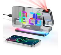 Euakee Réveil Numérique, Réveil avec Projection, Horloge Miroir LED 7.4", Veilleuse 10 Couleurs, Projecteur Rotatif 180°, Chargeur USB-C, Réveils Projection pour Enfants Chambre Filles Garçons (Noir)