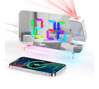 Euakee Réveil Numérique, Réveil avec Projection, Horloge Miroir LED 7.4", Veilleuse 10 Couleurs, Projecteur Rotatif 180°, Chargeur USB-C, Réveils Projection pour Enfants Chambre Filles Garçons (Blanc)