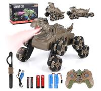 Euakee Voiture Télécommandée Enfant, 8WD 2,4 GHz Monster Truck avec Commande Manuelle, RC Stunt Auto avec Lumière LED, Musique et Sprays, Dinosaur Jouet & Cadeau pour Enfants 6 7 8 9 10 11 Ans Garçon