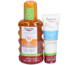 Eucerin® SUN PROTECTION OIL CONTROL Spray Transparent SPF 50 et SENSITIVE RELIEF Gel-creme OFFERT Émulsion 250 ml