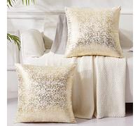EUCIOR Lot de 2 Housses de Coussin décoratives en Velours à Paillettes pour canapé, Chambre à Coucher, Voiture - Champagne - 45,7 x 45,7 cm - Doré et Blanc