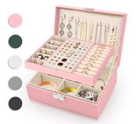 Eucomir Boîte à Bijoux pour Femme, 2 Couches Grand Boite a Bijoux Fille Boîte à Bijoux de Voyage Étui à Boîte à Bijoux en Cuir PU pour Bagues, Bracelets, Boucles d'oreilles, Colliers,Rose Clair