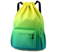 Eucomir Sac à Dos à Cordon, Imperméable Large Bandoulière Sacs de Sport à Cordon Sac de Gym Avec Poche Intérieure Et Poche De Sécurité avec Poche Avant Et Arrière Zippée,Dégradé Vert