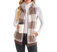 EUDOLAH Damens Fleece Weste mit Reißverschluss im Karo-Muster Warme Steppweste mit Stehkragen in Langer Weiter Passform für Winter und Freizeit(M,Kaki)