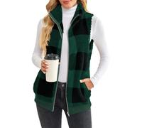 EUDOLAH Damens Fleece Weste mit Reißverschluss im Karo-Muster Warme Steppweste mit Stehkragen in Langer Weiter Passform für Winter und Freizeit(M,Vert foncé)