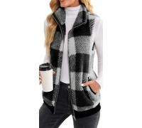 EUDOLAH Damens Fleece Weste mit Reißverschluss im Karo-Muster Warme Steppweste mit Stehkragen in Langer Weiter Passform für Winter und Freizeit(3XL,Gris)