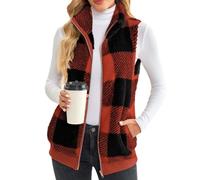 EUDOLAH Damens Fleece Weste mit Reißverschluss im Karo-Muster Warme Steppweste mit Stehkragen in Langer Weiter Passform für Winter und Freizeit(M,Rouge)
