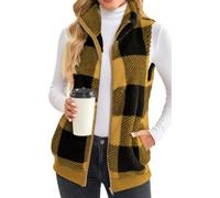 EUDOLAH Damens Fleece Weste mit Reißverschluss im Karo-Muster Warme Steppweste mit Stehkragen in Langer Weiter Passform für Winter und Freizeit(M,Jaune)