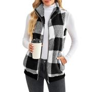 EUDOLAH Damens Fleece Weste mit Reißverschluss im Karo-Muster Warme Steppweste mit Stehkragen in Langer Weiter Passform für Winter und Freizeit(M,Noir)