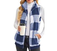 EUDOLAH Damens Fleece Weste mit Reißverschluss im Karo-Muster Warme Steppweste mit Stehkragen in Langer Weiter Passform für Winter und Freizeit(M,Bleu)