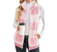 EUDOLAH Damens Fleece Weste mit Reißverschluss im Karo-Muster Warme Steppweste mit Stehkragen in Langer Weiter Passform für Winter und Freizeit(XXL,Rose)