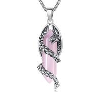 EUDORA Dragon Pendentif Collier pour Femme Homme, Rose Quarze Hexagonal Obsidienne Prisme Énergie Amulette Bijoux Cadeau, 20" Chaîne en Acier Inoxydable Plus 2" Extenseur + 24" Cordon Noir (Rose-1)