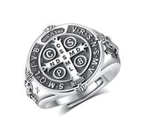 EUDORA Harmony Ball Bague Saint Benoît en Argent Sterling S925 pour Femmes et Hommes, Bague Ajustable Vintage avec Amulette Saint Benoît Bijoux Chrétiens Catholiques Cadeaux pour Pères et Mères