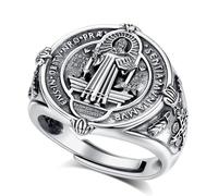 EUDORA Harmony Ball Bague Saint Benoît en Argent Sterling S925 pour Femmes et Hommes, Bague Ajustable Vintage avec Amulette Saint Benoît pour la Protection Bijoux de foi Catholique Cadeaux