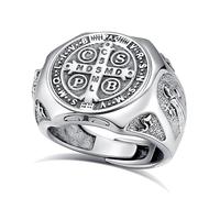 EUDORA Harmony Ball Bague Saint Benoît en Argent Sterling S925 pour Homme et Femme, Bague Ajustable Vintage avec Amulette Saint Benoît Bijoux Chrétiens Catholiques Cadeaux