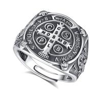 EUDORA Harmony Ball Bague Saint Benoît en Argent Sterling S925 pour Homme et Femme, Bague Ajustable Vintage avec Amulette Saint Benoît pour la Protection Bijoux de Foi Catholique Cadeaux