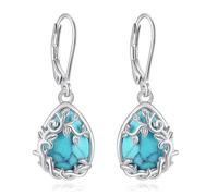 EUDORA Harmony Ball Boucles D'oreilles Arbre de vie Turquoise en Argent Sterling S925 pour Femme, Boucles D'oreilles Dormeuses en Forme de Larme Turquoise Pendantes