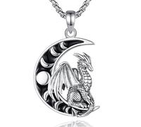 EUDORA Harmony Ball Collier en Argent Sterling avec Phases de Lune et Dragon pour Homme et Femme, Pendentif Croissant de Dragon Viking de la Mythologie Nordique Bijoux Oxydés Cadeaux, 55,9 cm + 5,1 cm