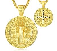 EUDORA Harmony Ball Collier en Argent Sterling Plaqué or 18 Carats Médaille St Benoît San Benito pour Femme Homme, Pendentif Amulette Saint Benoît, Cadeaux de Bijoux Catholiques Chrétiens, 22 + 2"