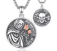EUDORA Harmony Ball Collier en Argent Sterling S925 avec Tête de Mort Memento Mori pour Homme et Femme, Collier Santa Muerte Pendentif de la Mort sainte Amulette Cadeau Original, 55,9 cm + 5,1 cm