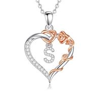 EUDORA Harmony Ball Collier en Cuivre Plaqué Rhodium avec Initiale en Forme de Cœur et Zircone Cubique pour Femme, Pendentif en or Rose avec Lettre S et Cœur Alphabet S Bijoux Personnalisés, 18"