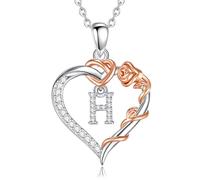 EUDORA Harmony Ball Collier en Cuivre Plaqué Rhodium avec Initiale en Forme de Cœur et Zircone Cubique pour Femme, Pendentif en or Rose avec Lettre H et Cœur Alphabet H Bijoux Personnalisés, 18"