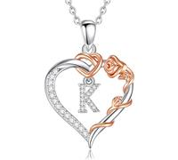 EUDORA Harmony Ball Collier en Cuivre Plaqué Rhodium avec Initiale en Forme de Cœur et Zircone Cubique pour Femme, Pendentif en or Rose avec Lettre K et Cœur Alphabet K Bijoux Personnalisés, 18"