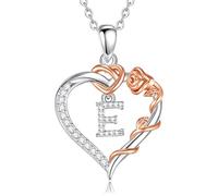 EUDORA Harmony Ball Collier en Cuivre Plaqué Rhodium avec Initiale en Forme de Cœur et Zircone Cubique pour Femme, Pendentif en or Rose avec Lettre E et Cœur Alphabet E Bijoux Personnalisés, 18"