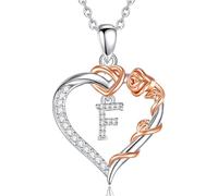 EUDORA Harmony Ball Collier en Cuivre Plaqué Rhodium avec Initiale en Forme de Cœur et Zircone Cubique pour Femme, Pendentif en or Rose avec Lettre F et Cœur Alphabet F Bijoux Personnalisés, 18"