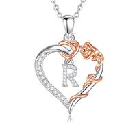 EUDORA Harmony Ball Collier en Cuivre Plaqué Rhodium avec Initiale en Forme de Cœur et Zircone Cubique pour Femme, Pendentif en or Rose avec Lettre R et Cœur Alphabet R Bijoux Personnalisés, 18"
