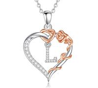 EUDORA Harmony Ball Collier en Cuivre Plaqué Rhodium avec Initiale en Forme de Cœur et Zircone Cubique pour Femme, Pendentif en or Rose avec Lettre L et Cœur Alphabet L Bijoux Personnalisés, 18"