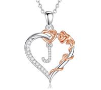 EUDORA Harmony Ball Collier en Cuivre Plaqué Rhodium avec Initiale en Forme de Cœur et Zircone Cubique pour Femme, Pendentif en or Rose avec Lettre J et Cœur Alphabet J Bijoux Personnalisés, 18"